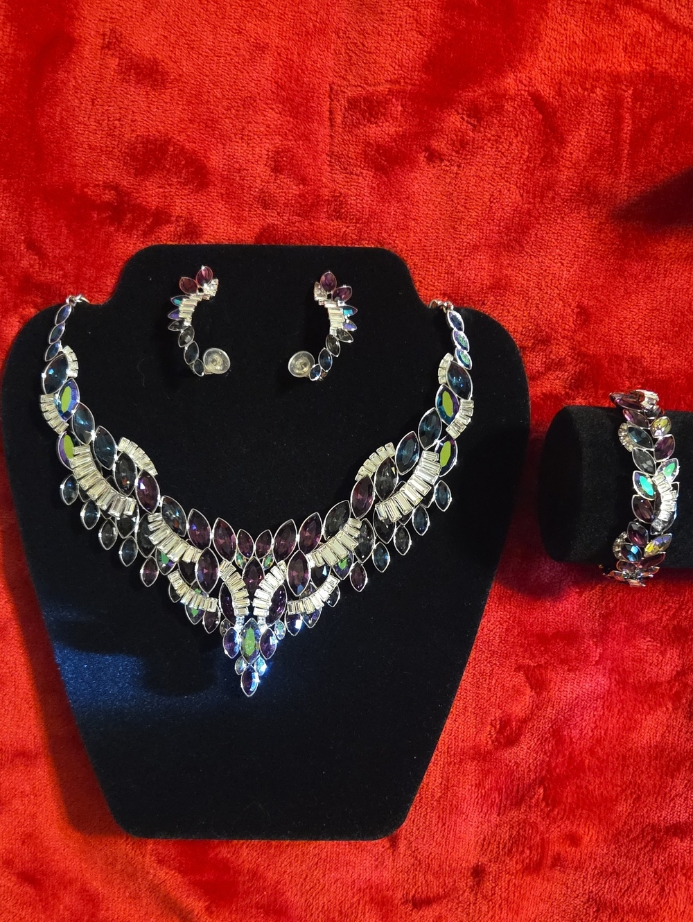 Iridescent Crystal Statement Necklace Set - Purple and Green